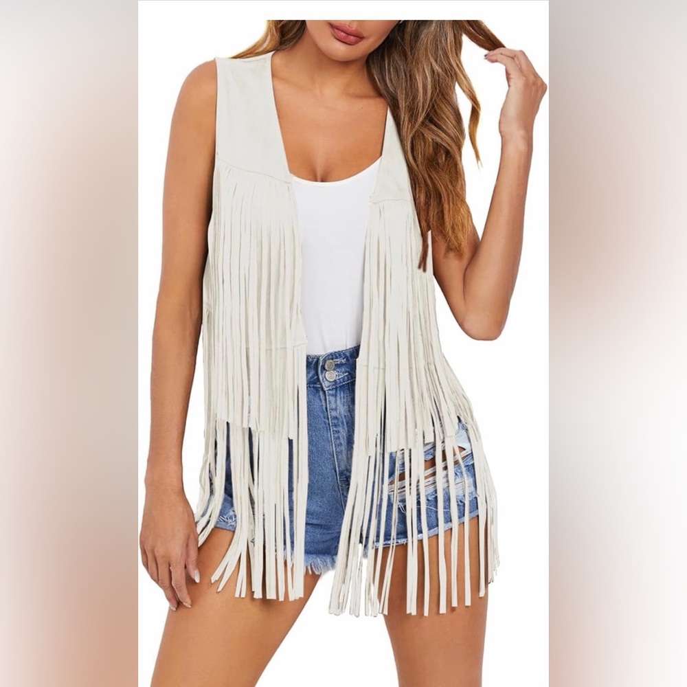 Fringed Sleeveless Vest in Cream Faux Suede
